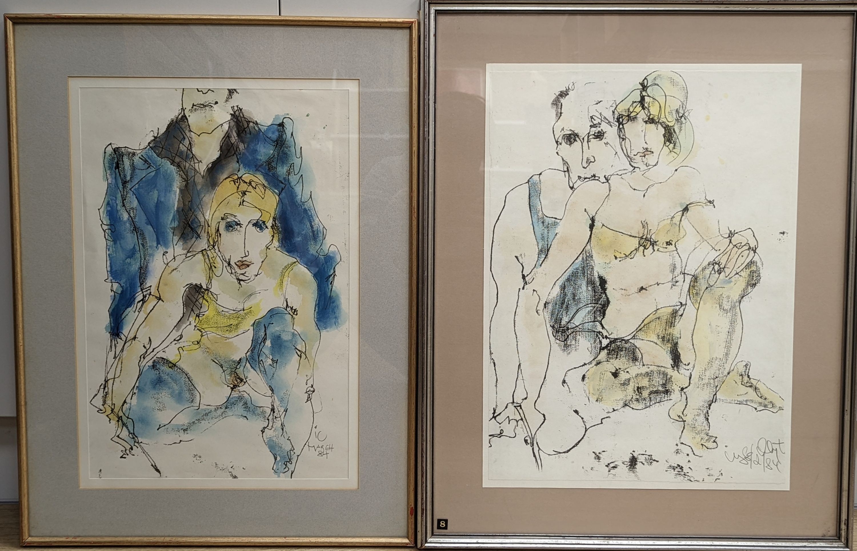 Inge Clayton (1942-2010), two monotype prints with watercolour, Figure studies, signed and dated '84, 50 x 36cm and 48 x 32cm